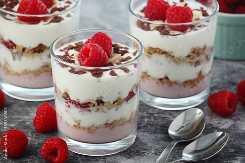 Granola with yogurt trifles with raspberry 