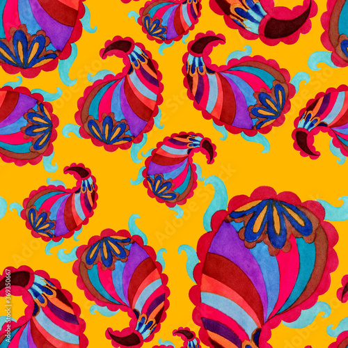 Watercolor seamless pattern with paisley. Traditional print. Textile design t...