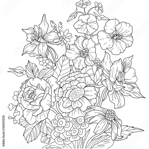 Vector illustration with flowers. Colouring page. Garden print. Monochrome line drawing. Flower, floral painting. Graphic line art © Suriko