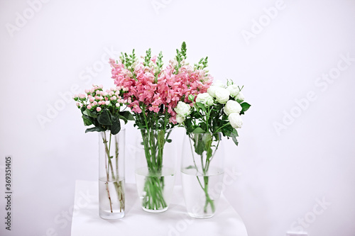 pink flowers in a vase on white background 