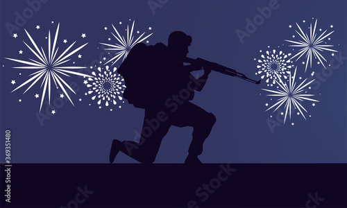 soldier with rifle and fireworks figure silhouette