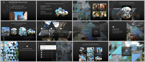 Vector templates for website design, presentations, portfolio. Templates with triangles, triangular pattern for presentation slides, flyer, leaflet, brochure cover. Backgrounds with place for photo.