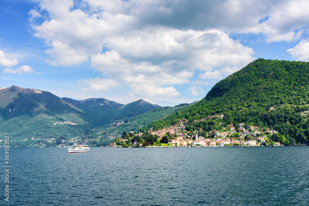Lake Como view of the surrounding mountains and coastal cities. Italy