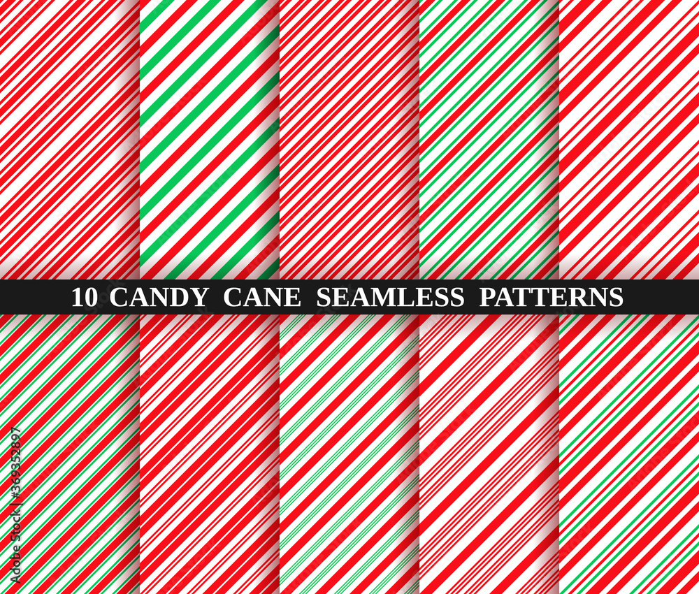 Candy cane stripe seamless pattern. Vector. Christmas candycane background red and green. Wrapping paper. Set of ten holiday textures. Peppermint caramel diagonal print. Classic winter illustration. Candy cane stripe seamless pattern. Vector. Christmas candycane background red and green. Wrapping paper. Set of ten holiday textures. Peppermint caramel diagonal print. Classic winter illustration.