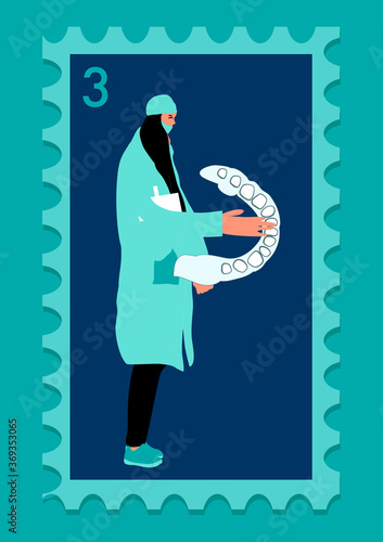 Orthodontic themed postage stamp. Doctor holding huge dental braces, aligner or retainer. Bite correction. Oral care and daily routine. Retro philately vector in flat style for greeting card or clinic