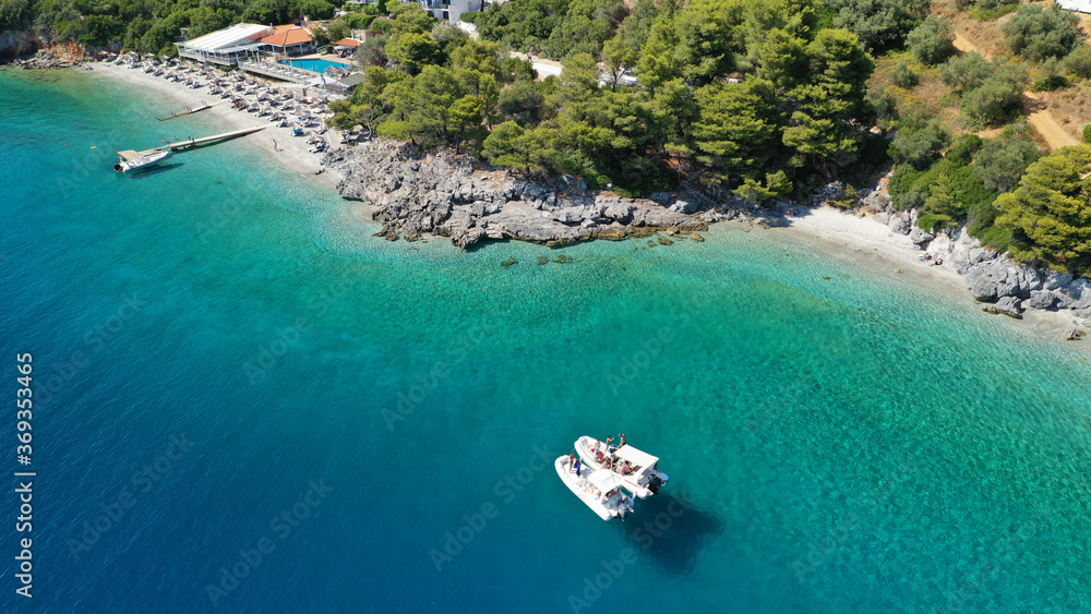 Aerial drone photo of beautiful tranquil turquoise beach of Antrines near famous Panormos beach, Skopelos island, Sporades, Greece