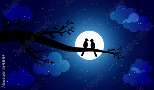 Two birds sit together on a branch on a dark starry moonlit night