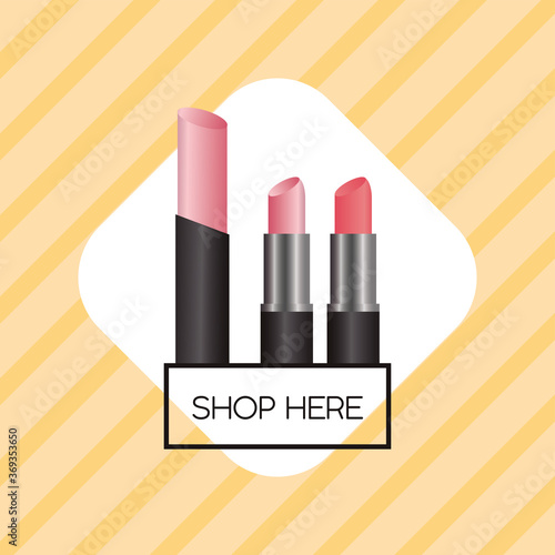 set of cosmetics makeup lipsticks with shop here button