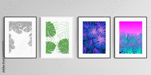Realistic vector set of picture frames in A4 format isolated on gray background. Tropical palm leaves, shadow of tropical jungle leaves. Floral pattern backgrounds.