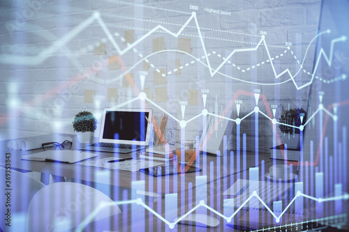 Multi exposure of stock market chart drawing and office interior background. Concept of financial analysis.