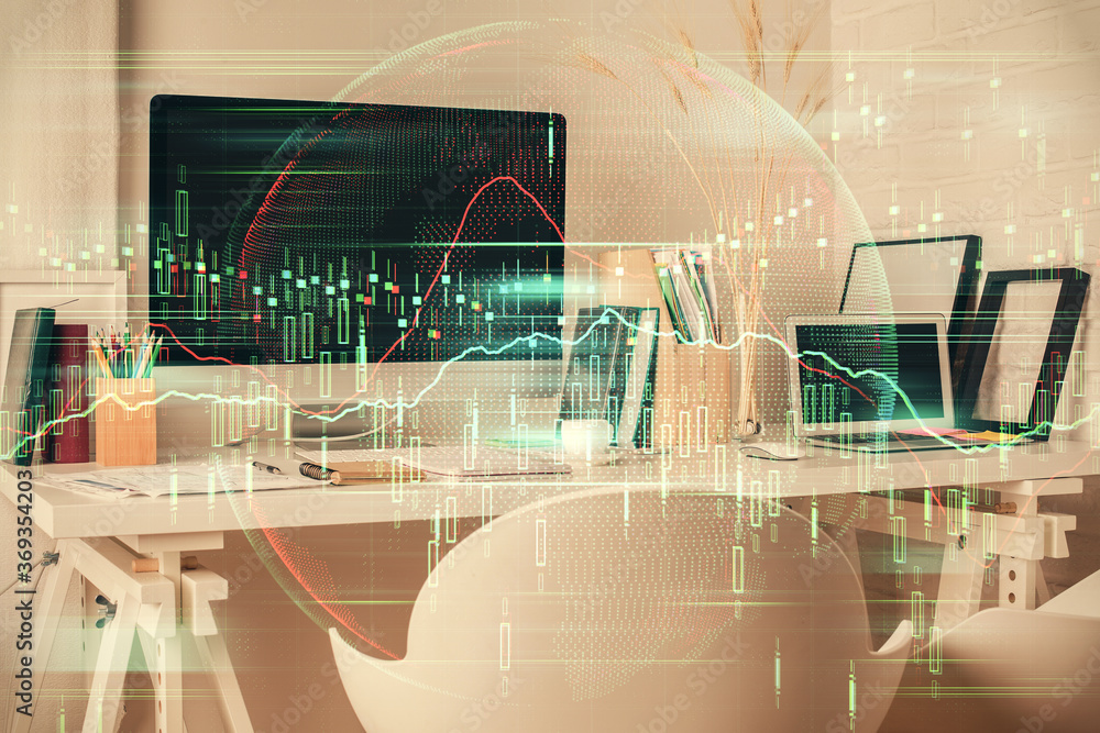 Double exposure of financial graph drawing and office interior background. Concept of stock market. Double exposure of financial graph drawing and office interior background. Concept of stock market.