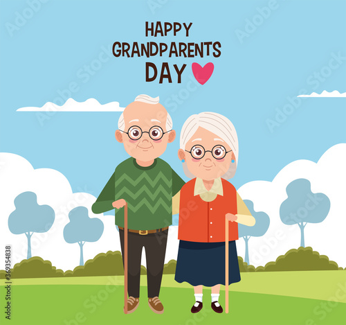 happy grandparents day card with old couple in camp