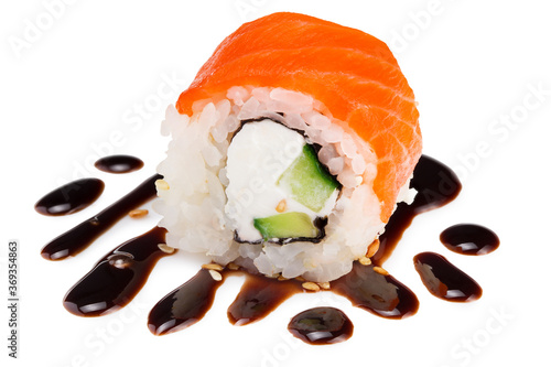 Sushi roll (Philadelphia) with salmon, avocado, cream cheese, unagi sauce isolated on white background. Japanese food.