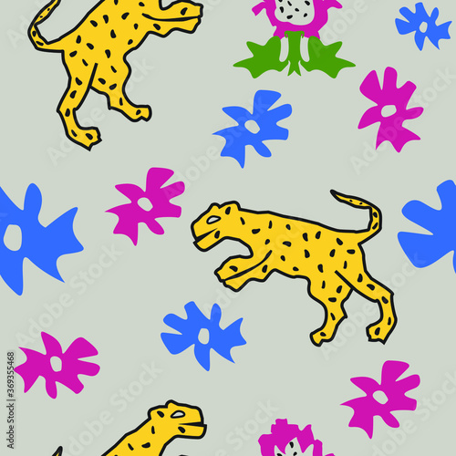 Canvas Print Seamless pattern with wild cats and flowers, abstract leopard in flowers, vector