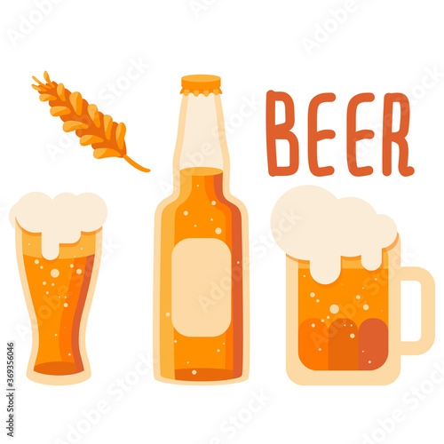 Wheat and mug of beer on white isolated backdrop. Bottle of beer for invitation or gift card, notebook, craft beer shop logo, scrapbook. Phone case or cloth print. Flat style stock vector illustration
