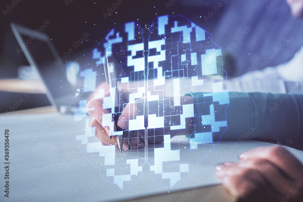 Double exposure of data theme sketch drawing over people writing background. Concept of technology Double exposure of data theme sketch drawing over people writing background. Concept of technology