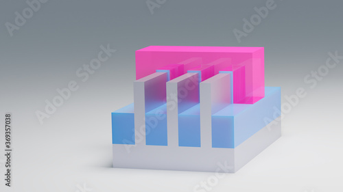FINFET Trigate (Multigate) transistor 3D render model. Fin FET Tri gate transistor used in building semiconductor chips and integrated circuits at nano scale. Pink - Gate, blue - Insulator, Substrate