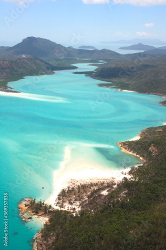 Aerial view of the Hill Inlet at Whitehaven Beach, with turquoise blue sea and the whitest sand of the world, on Whitesunday Island, Queensland, Australia photo