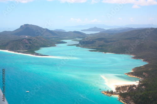 Aerial view of the Hill Inlet at Whitehaven Beach, with turquoise blue sea and the whitest sand of the world, on Whitesunday Island, Queensland