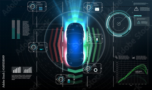 Autonomous car. Driverless car. Self driving vehicle. Future concepts smart auto. HUD, GUI, hologram Automatic braking system avoid car crash from car accident. Concept for driver assistance systems. 