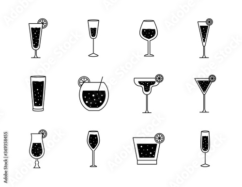 Cocktails glasses cups silhouette style set icons design, Alcohol drink bar and beverage theme Vector illustration