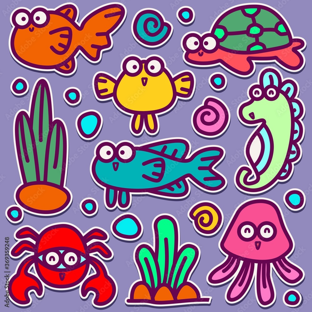 Obraz premium kawaii doodle design of aquatic animals illustration