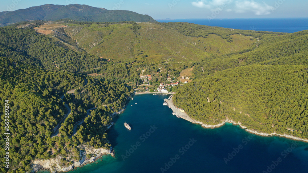 Fototapeta premium Aerial drone photo of small picturesque fjord looking port of Agnontas covered in pine trees ideal for safe anchoring, Skopelos island, Sporades, Greece