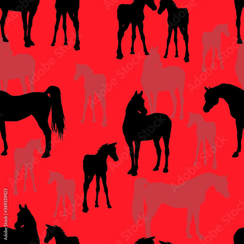 seamless background of figures of Arabian horses, a Mare with a foal and a stallion on a white and colored background