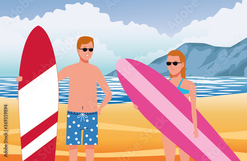 young couple wearing swimsuits with surfboards on the beach scene