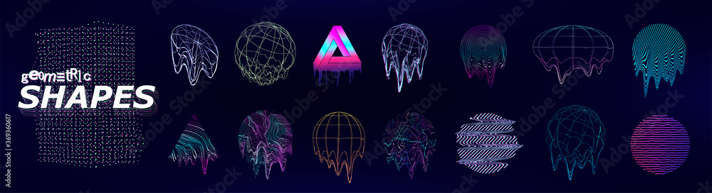 Naklejka Retrofuturistic universal trendy shapes with glitch and defect effects. Trendy cyberpunk elements. Vaporwave abstract liquid shapes for flyers, posters, covers, t-shirt, merch. Vector memphis