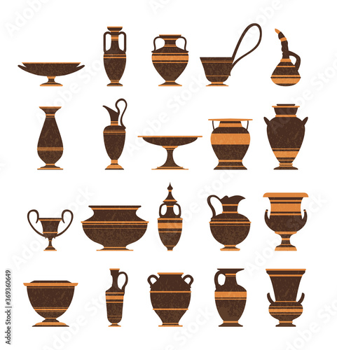 Set of ancient greek pottery amphorae, vases with patterns, decorations. 