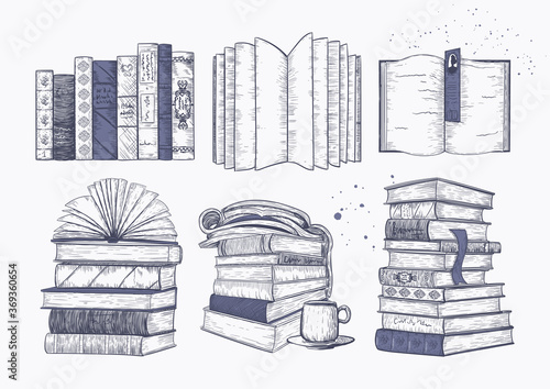 Vintage icon set of books. Stacks of books sketch drawn, vector collection. 