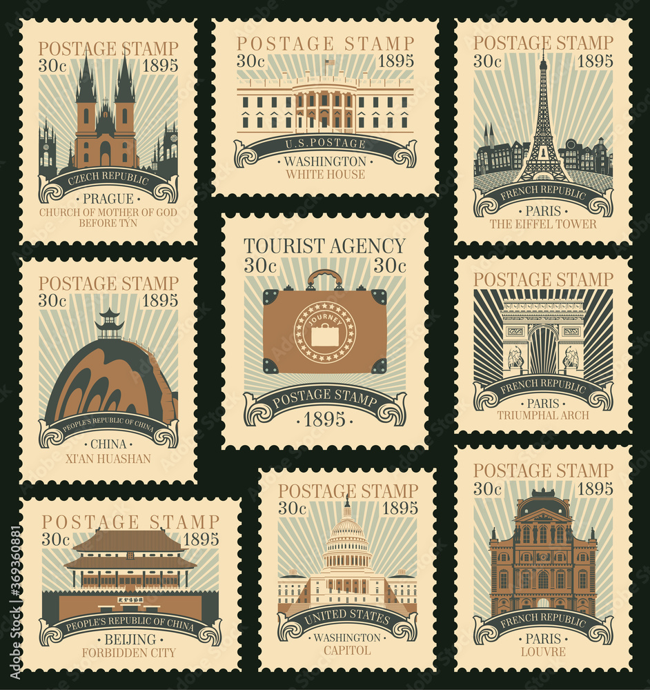 Set of old postage stamps on the travel theme with architectural and historical landmarks from around the world. Vector illustrations of various famous places in the form of old stamps in retro style
