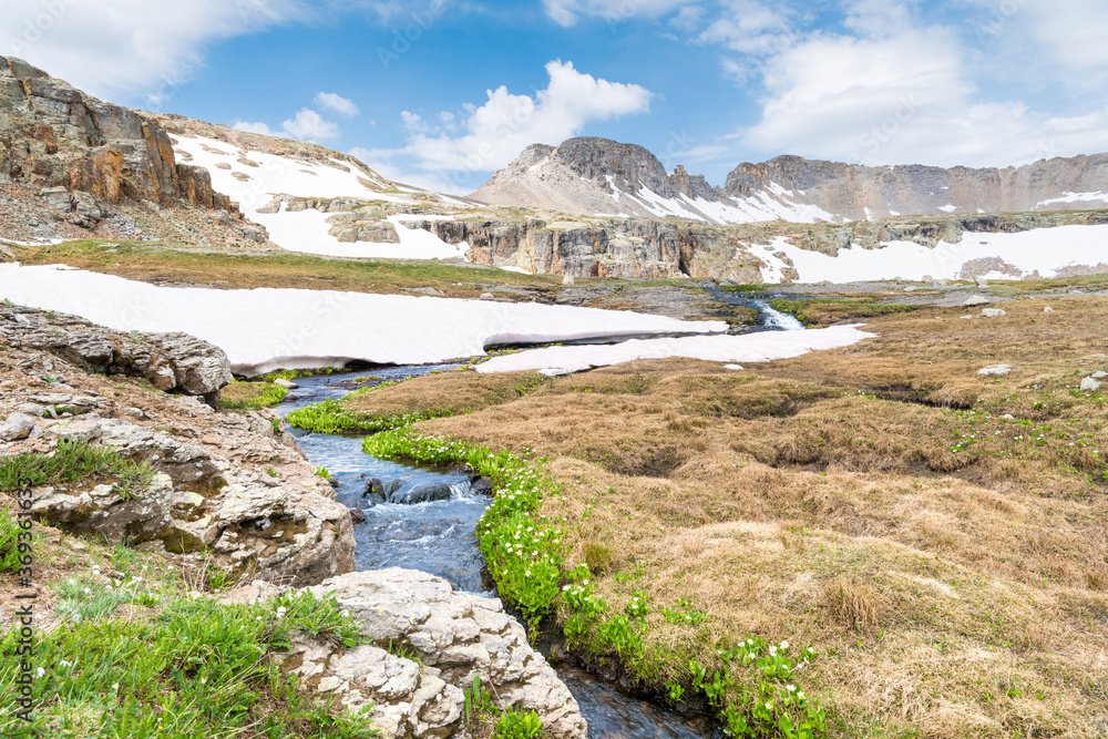 A stream lined with wildflowers curves through an alpine meadow and patches of snow beneath granite mountain peaks in the Rocky Mountains of Colorado