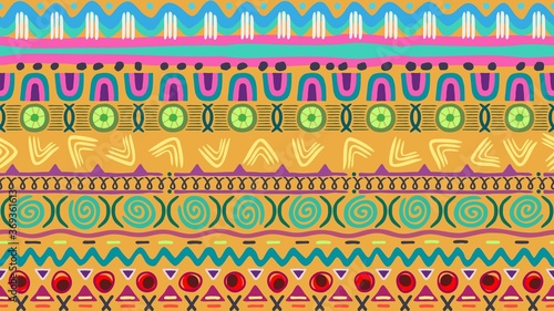 Fun vivid eye-catching gender neutral surface pattern in bright shades inspired by ethnic vibes with modern hand drawn elements for a commercial product, virtual background, interior object, scrapbook