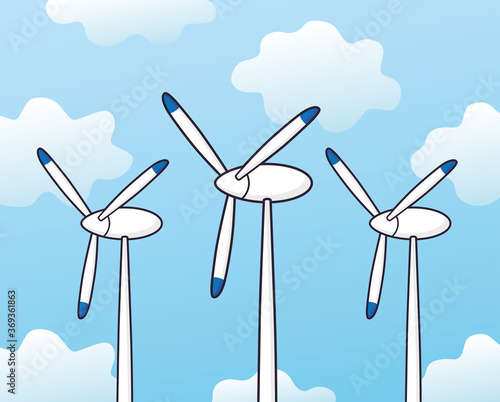 Wind power turbines in sky, renewable energy vector illustration.