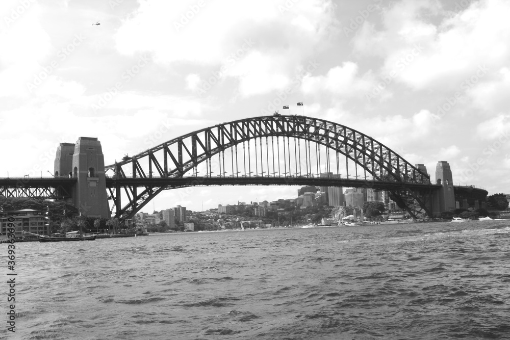 Sydney Harbour Bridge with City Skyline, in black and white monochrome, Sydney, New South Walls, Australia