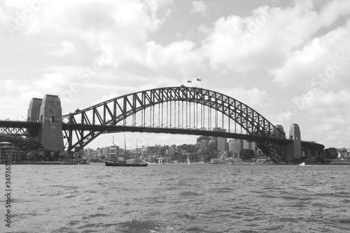 Sydney Harbour Bridge with City Skyline, in black and white monochrome, Sydney, New South Walls, Australia