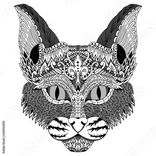 Hand drawn of cat head in zentangle style