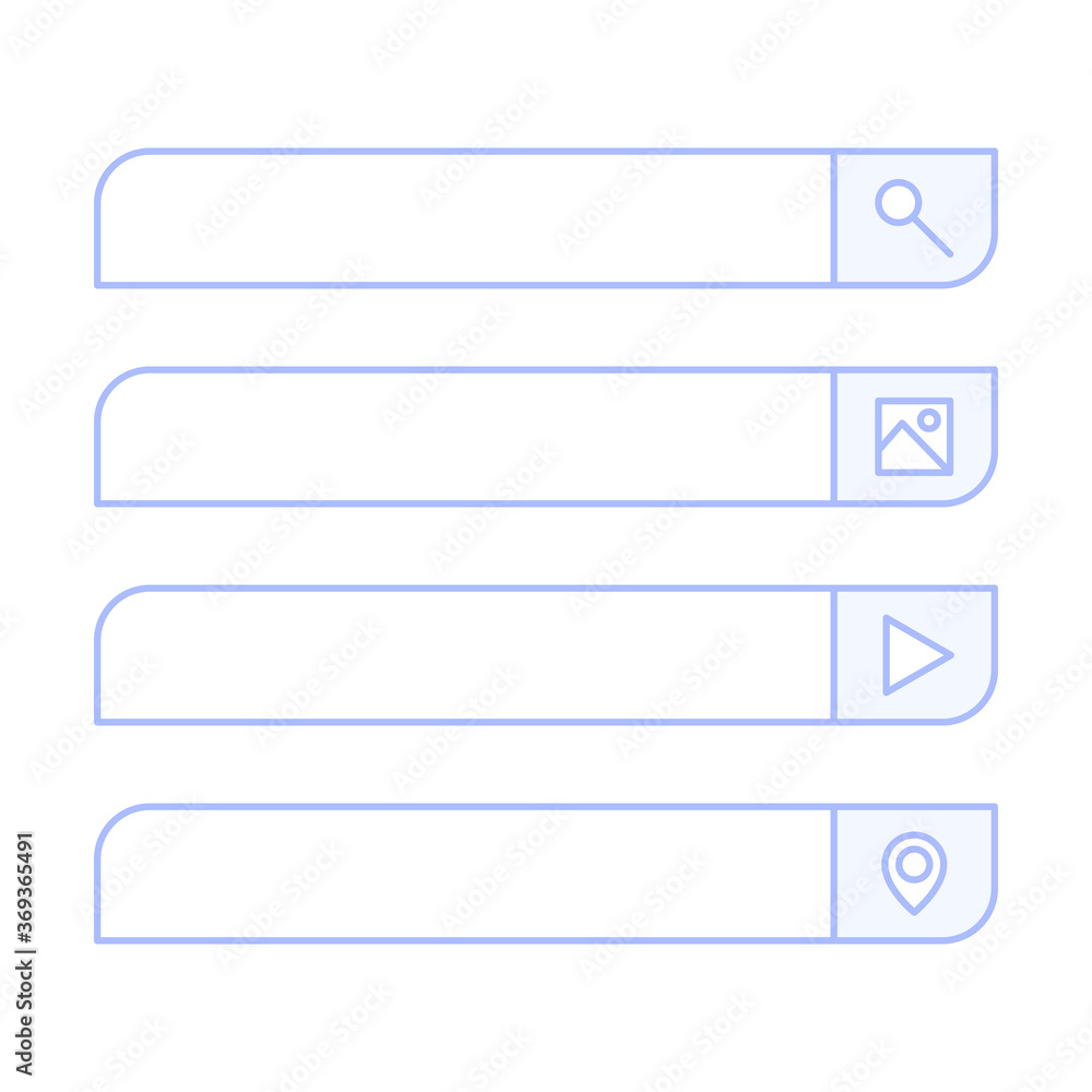 Search bar vector design element. Set of search bar boxes text, location, image and video. UI interface template isolated on white background. Search bar vector design element. Set of search bar boxes text, location, image and video. UI interface template isolated on white background.