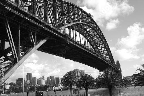 Close-up Sydney Harbour Bridge with City Skyline, in black and white, monochrome, Sydney, New South Walls, Australia © Sabrina