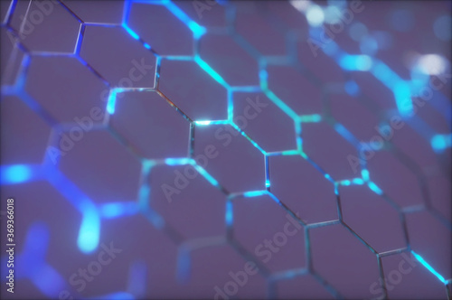 Fototapeta Naklejka Na Ścianę i Meble -  Abstract background with glowing hexagons. Futuristic technology honeycomb mosaic. 3D render illustration