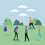 Women and men cartoons running and on skateboard at park design, Outdoor activity theme Vector illustration