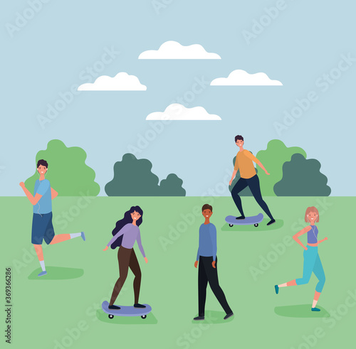 Women and men cartoons running and on skateboard at park design, Outdoor activity theme Vector illustration