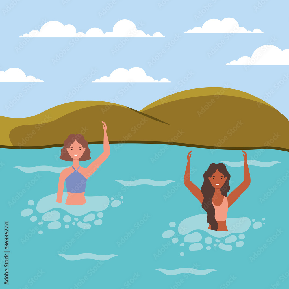 Girls cartoons with swimsuit in the sea in front of mountains design, Summer vacation tropical and relaxation theme Vector illustration