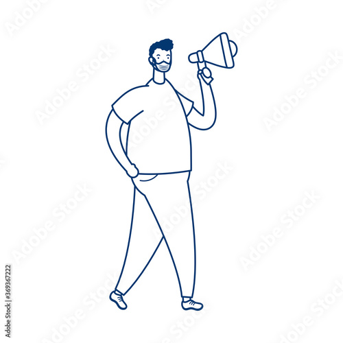 man wearing medical mask protesting with megaphone