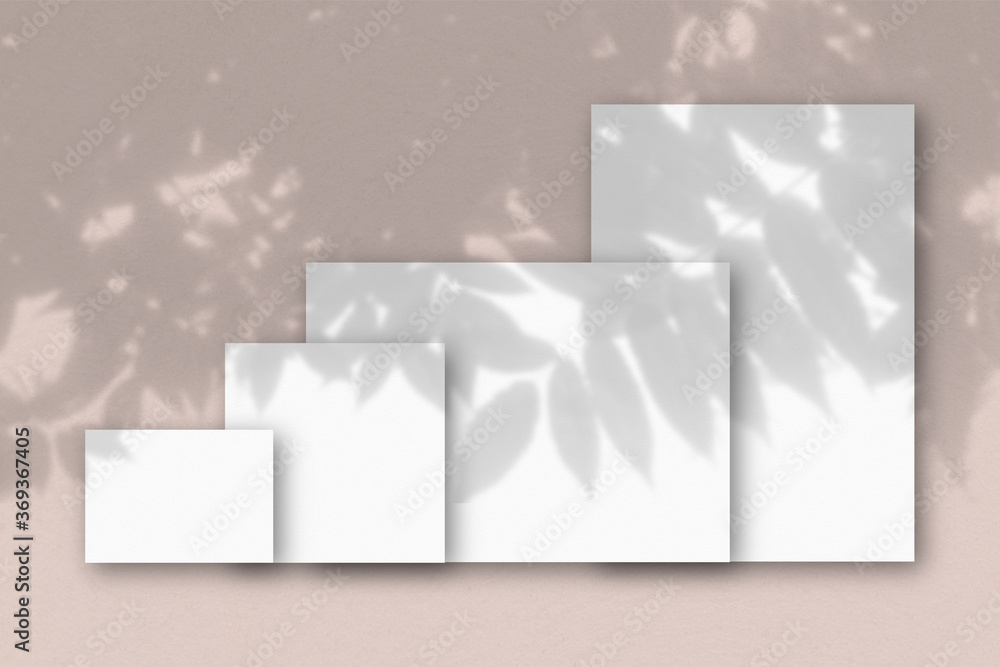 Obraz premium Several horizontal and vertical sheets of white textured paper against a pink wall background. Mockup with an overlay of plant shadows. Natural light casts shadows from a tropical plant