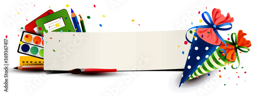Banner with colorful sugar bags and school equipment
