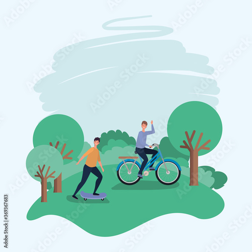 men cartoons riding bike and skateboard at park design, Outdoor activity theme Vector illustration