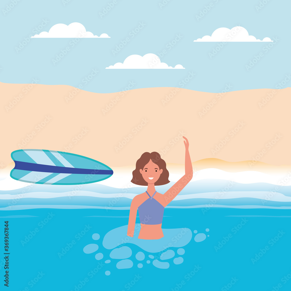 Girl cartoon with swimsuit in the sea in front of the beach design, Summer vacation tropical and relaxation theme Vector illustration